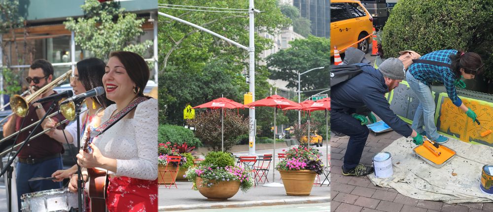 a collage of photos of BID activities including a band at the lunchtime concerts