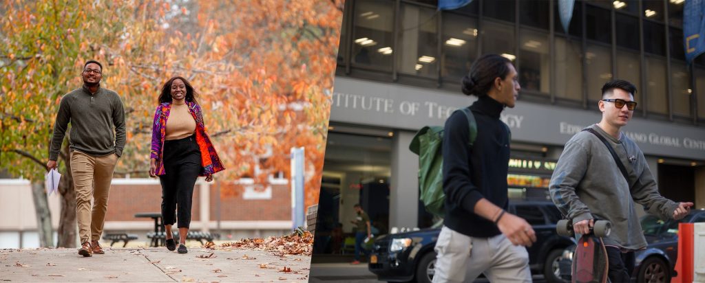 split photo of students walking around NYIT campus in Lincoln Square in the fall