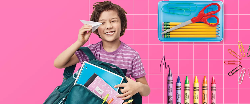 a child with school supplies