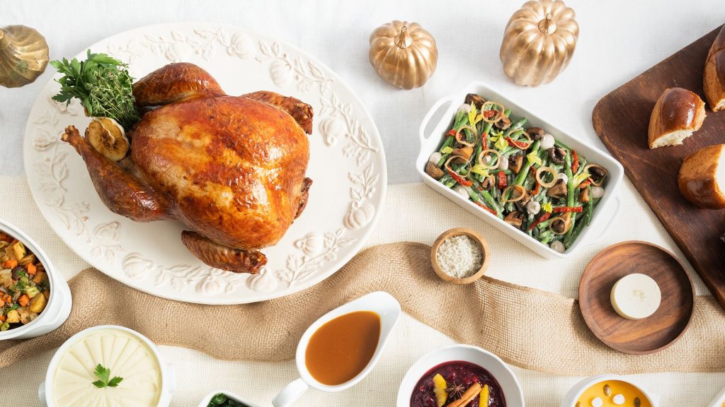 a Thanksgiving spread with turkey