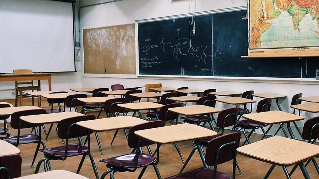 empty classroom with rows of desks