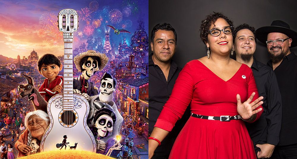 Coco movie poster and a photo of the band La Santa Cecelia
