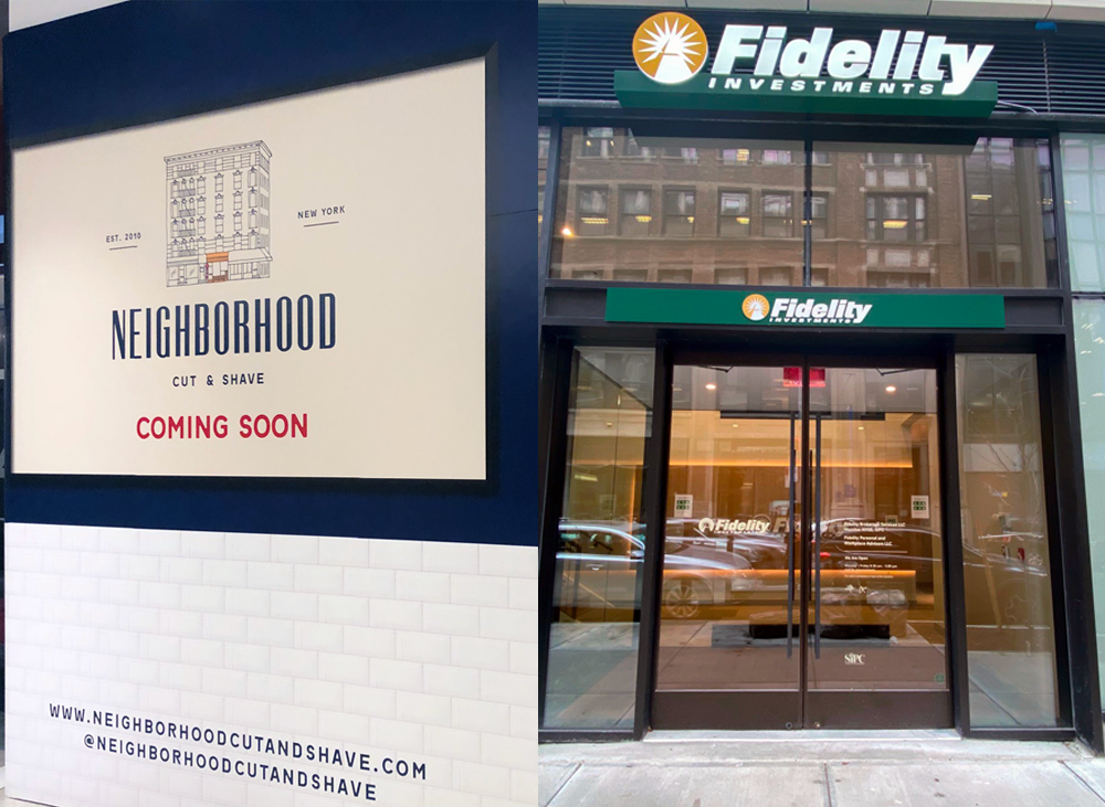 a sign for Neighborhood Cut and Shave that says coming soon next to a photo of the outside of the new Fidelity in Lincoln Square