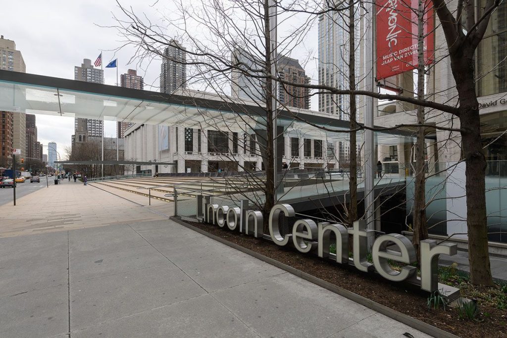 empty sidewalk in front of Lincoln Center March 2020