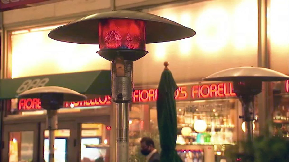 A close up of heaters at Cafe Fiorello's outside sidewalk seating