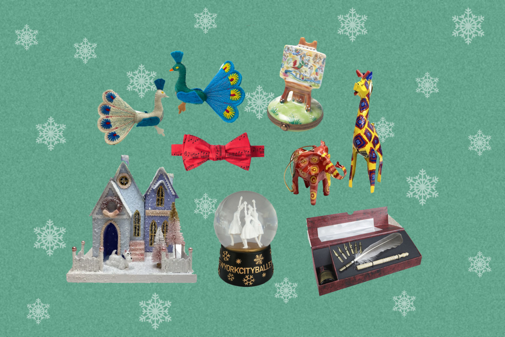 a collage of gifts from the Folk Art Museum Shop