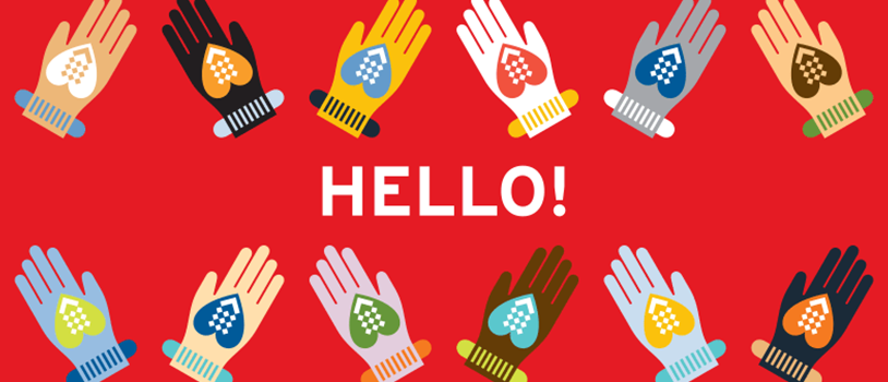 graphic of hands waving and "hello!"