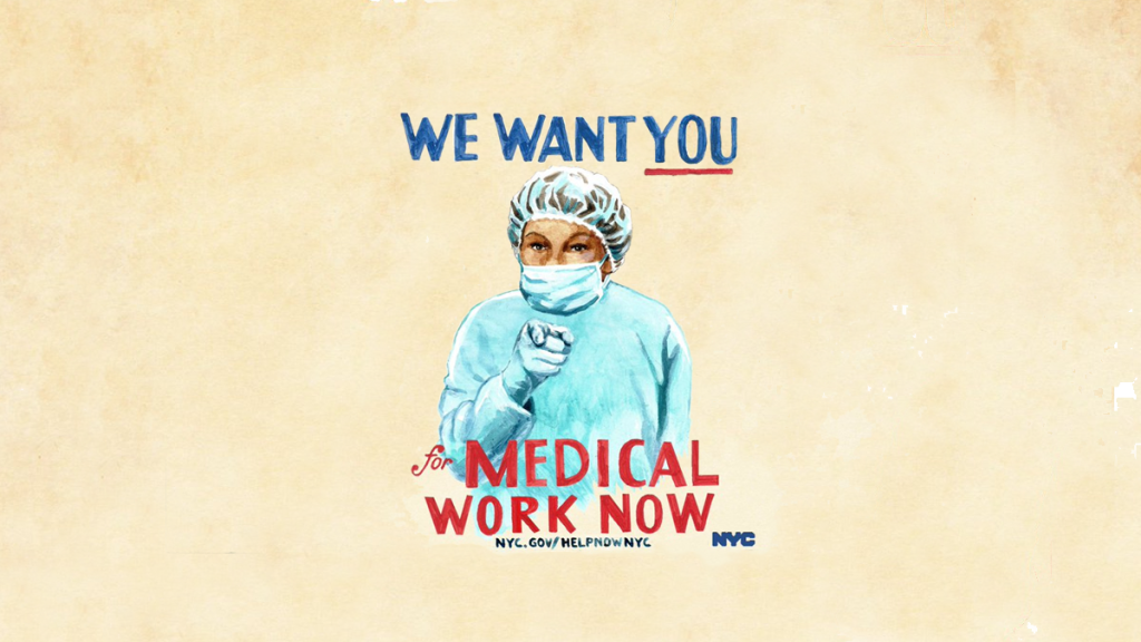 a nurse wearing scrubs poses in reference to uncle sam asking for help during COVID-19