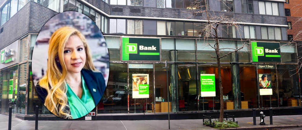 a headshot of Johanna Kyrk TD Bank Store Manager is superimposed over an outside shot of the TD Bank at 62nd St on Broadway