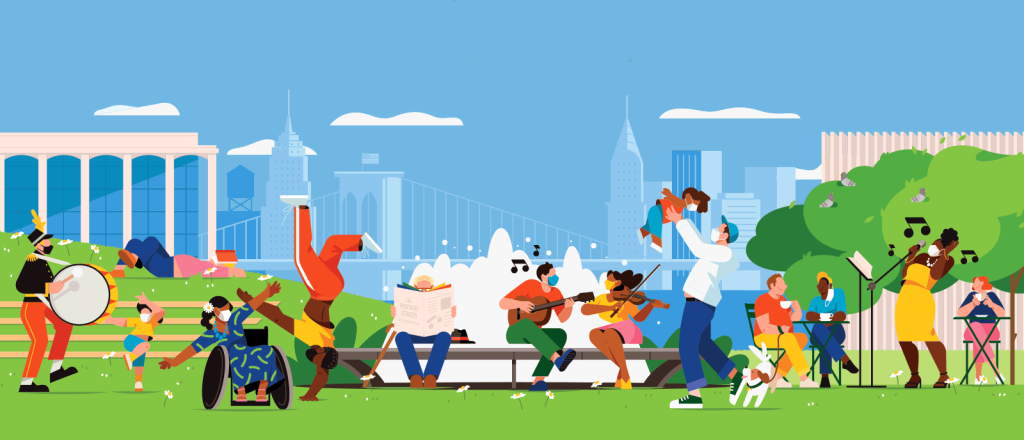 cartoon of people outside on lincoln center's campus
