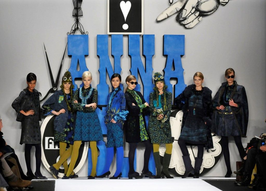 models pose in designer Anna Sui's fall collection
