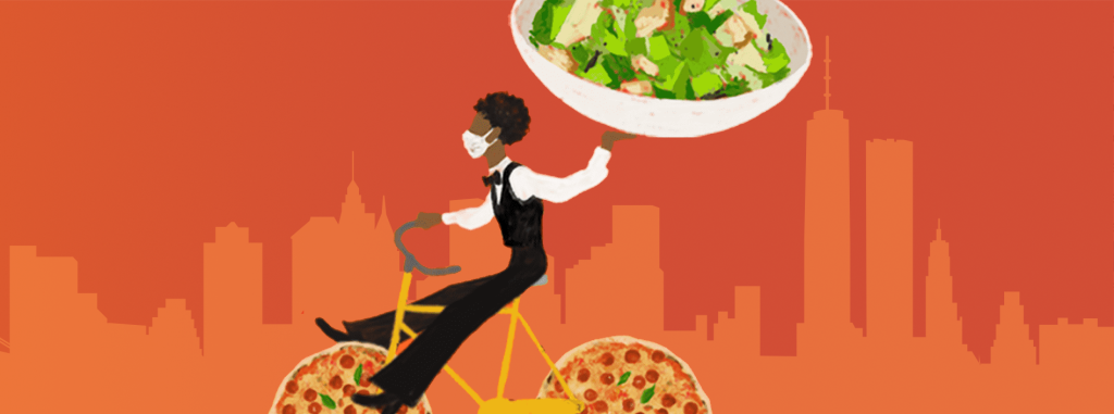 an illustration of a server delivering a big bowl of salad via bicycle