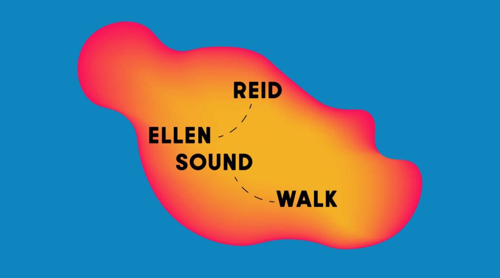 the words Ellen Reid SOUNDWALK over a shape resembling a park