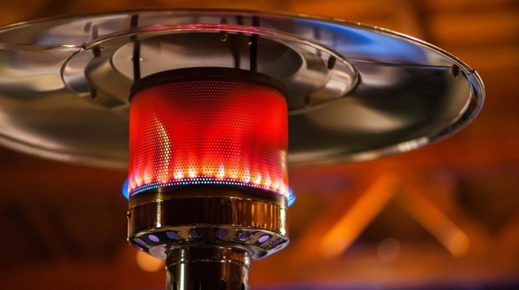 close up of the top of a standing outdoor patio heater