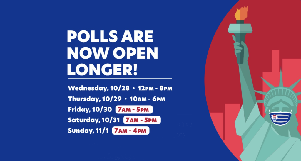 graphic that states early voting hours are Friday: 7:00am – 5:00pm Saturday: 7:00am – 5:00pm  Sunday: 7:00am – 4:00pm