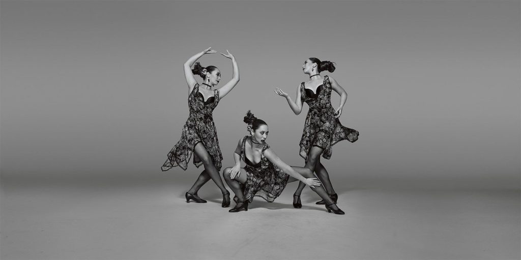 a dancer poses three times in a composit image