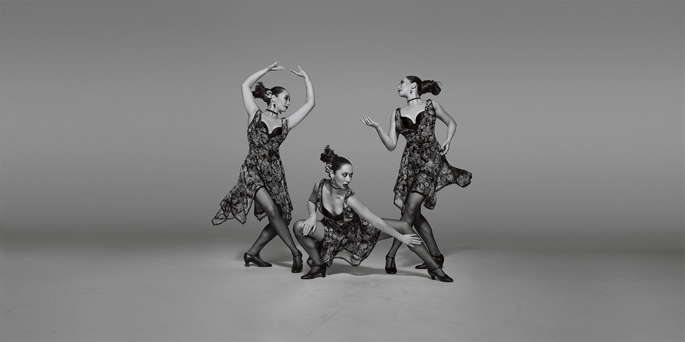 a dancer poses three times in a composit image