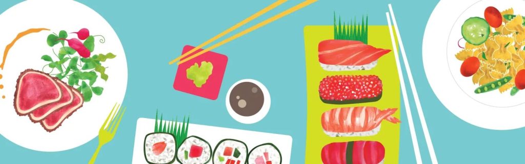 graphics from NYC Restaurant Week that display sushi_ a steak meal_ and utensils in blues and pinks