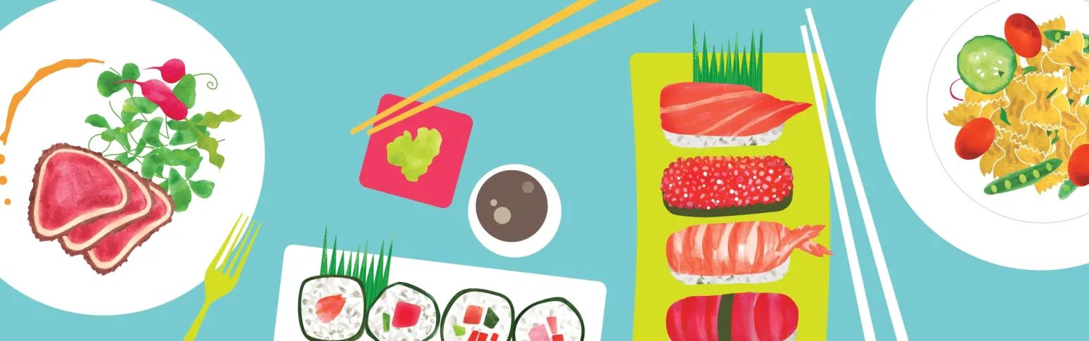 graphics from NYC Restaurant Week that display sushi_ a steak meal_ and utensils in blues and pinks