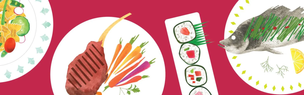 artwork for Restaurant Week Winter 2020 featuring watercolor-style dinner plates with sushi_ pasta_ and lamb