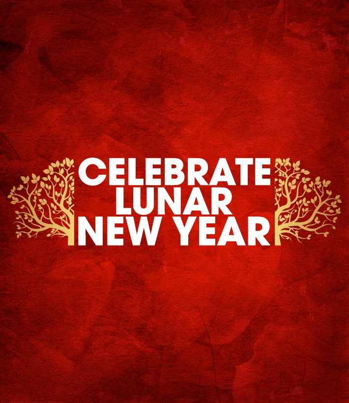 text _celebrate lunar new year_ over a red background with gold tree branch details along the side of the text