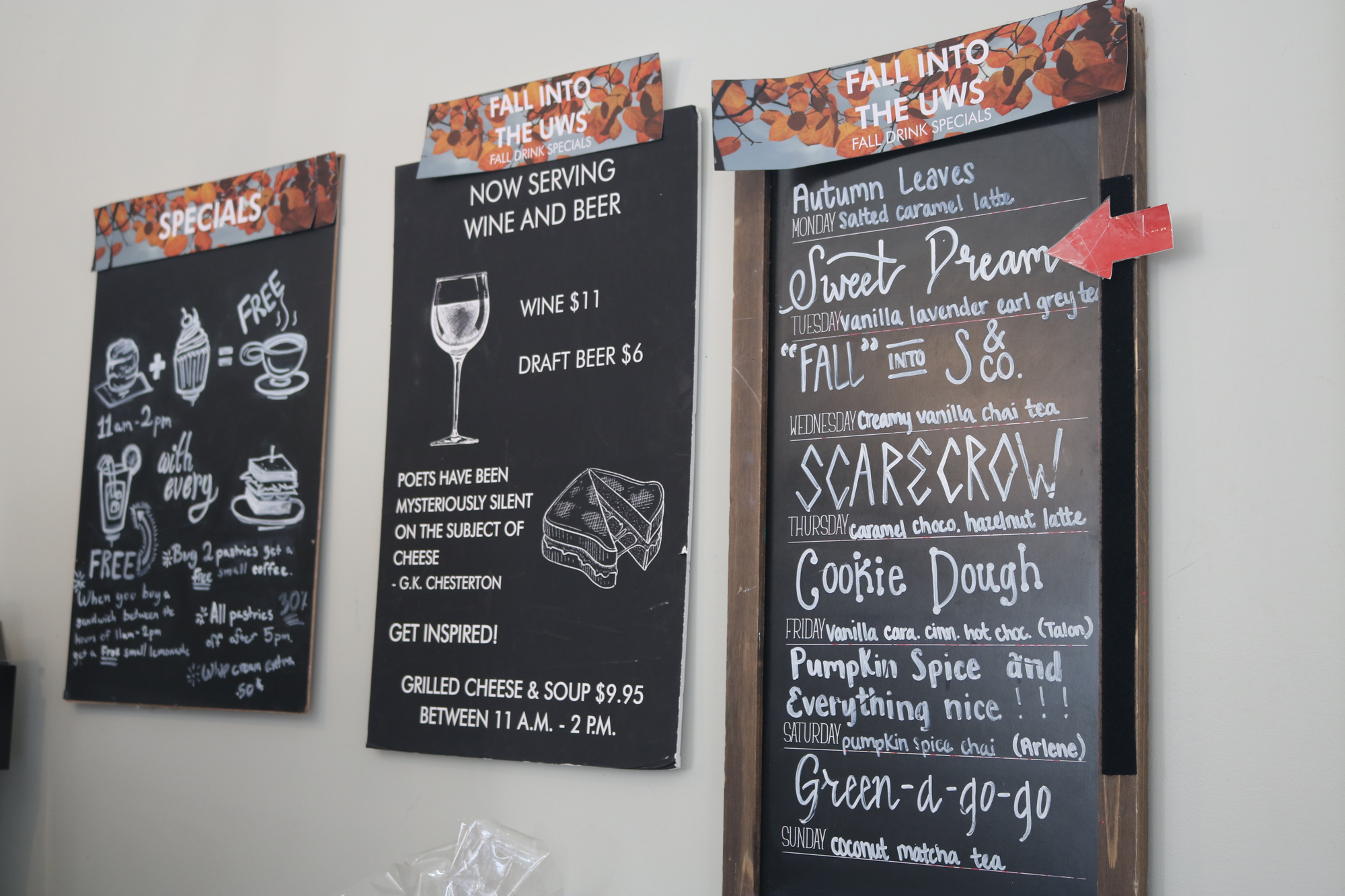 chalkboard signs of Shakespeare and Cos Cafe menus for fall