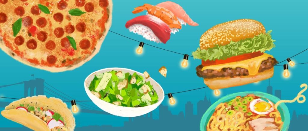 graphic of different food over nyc skyline