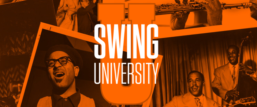 swing university logo with photos of musicians
