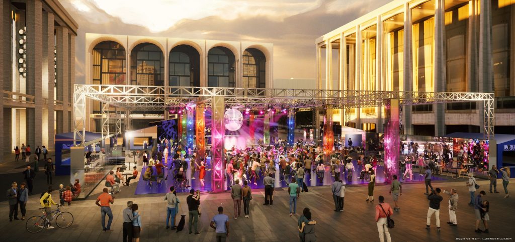 rendering of a giant dance floor on the josie robinson plaza at lincoln center