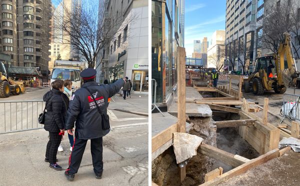 two photos side by side show an LSBID Public Safety Officer directing pedestrians around the closed off 62nd street and the torn up roadway for the steam main replacement by Con Edison