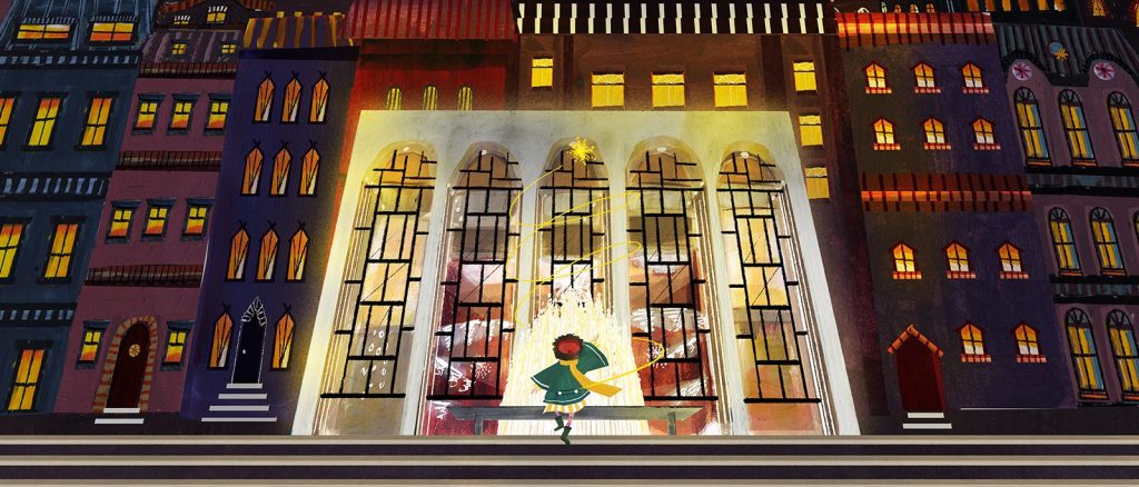illustration of a young girl in front of the met opera