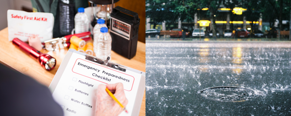 Photo of an emergency checklist and a rainstorm