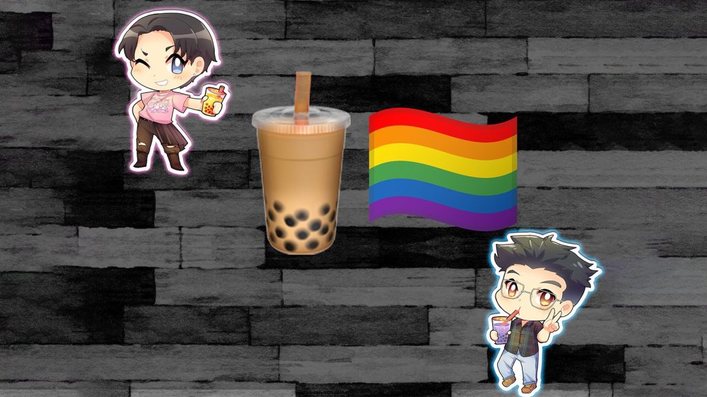 Image of two Anime characters, a Gay Pride flag, and boba tea