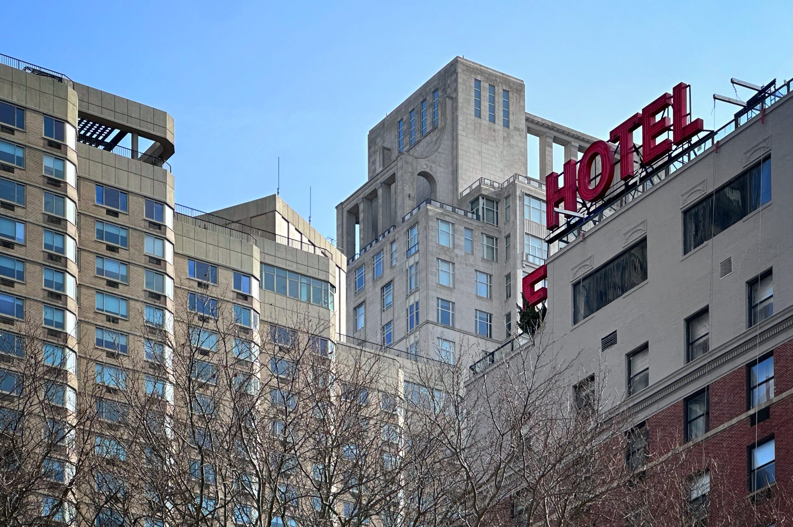 The tops of buildings in Lincoln Square
